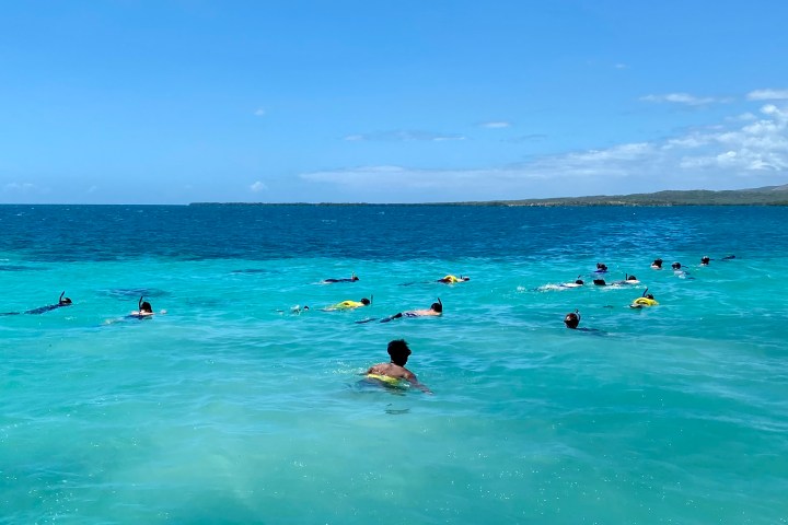 Group of people snorkeling in calm blue ocean near distant shore.