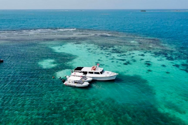 Boats anchored on clear, blue-green ocean near a coral reef.