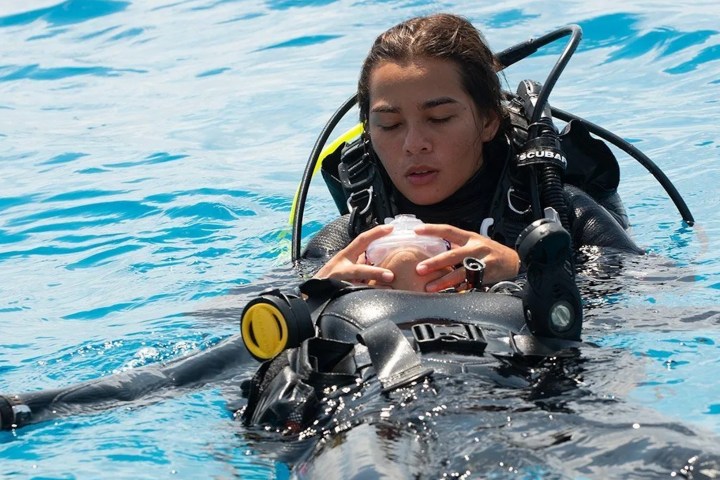 Scuba diver assisting another diver on surface of the water.